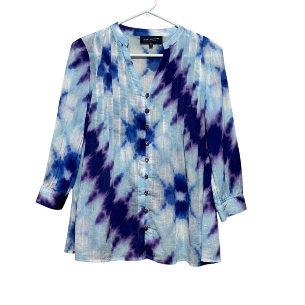 Jones New York Signature Petite PS Blue Purple Tie Dye Button Front Tunic Blouse